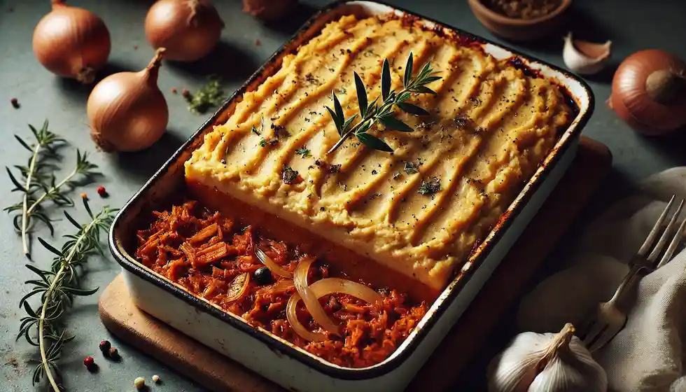 Escondidinho vegano, feito com batata-doce cremosa e carne de jaca bem temperada