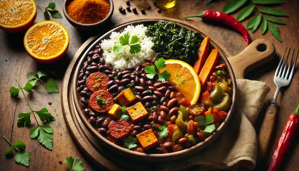 Feijoada Vegana com feijão preto, tofu defumado e legumes. Saudável e saborosa, perfeita para refeições nutritivas e sem carne.