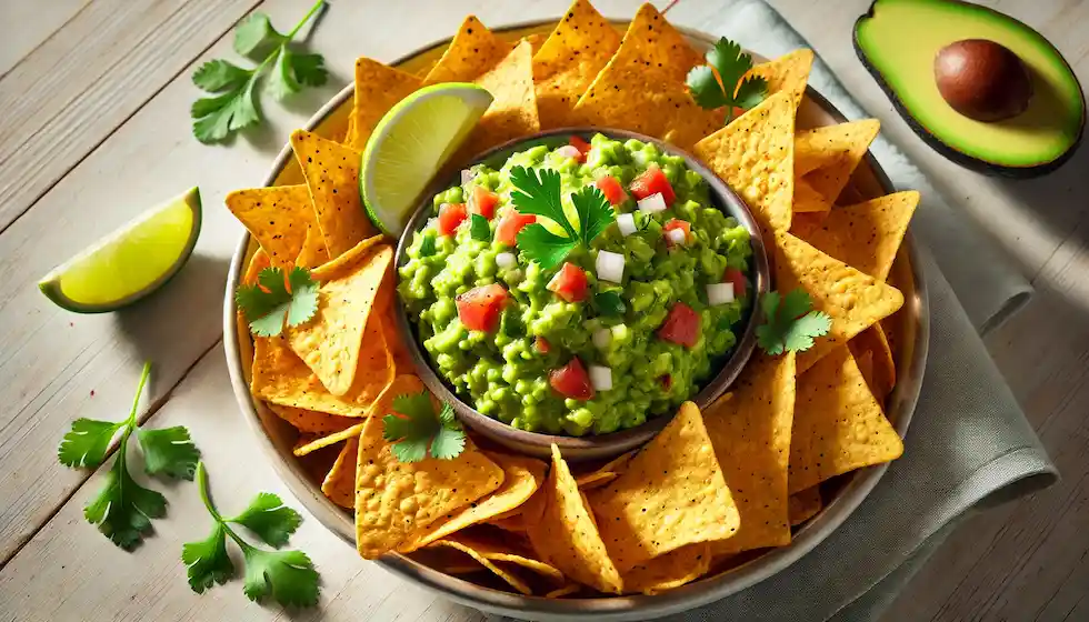 Guacamole de abacate fresco com nachos crocantes, uma combinação deliciosa, vegana e sem glúten. Ideal para petiscar em família.