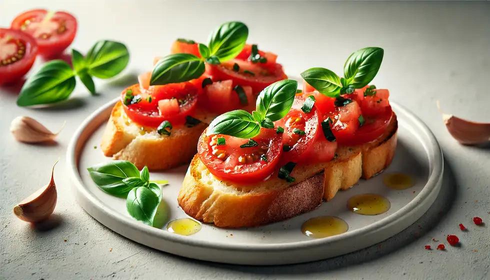 Deliciosa E Fácil De Fazer, Esta Bruschetta Com Tomate E Manjericão É Perfeita Para Entradas Ou Petiscos Rápidos.