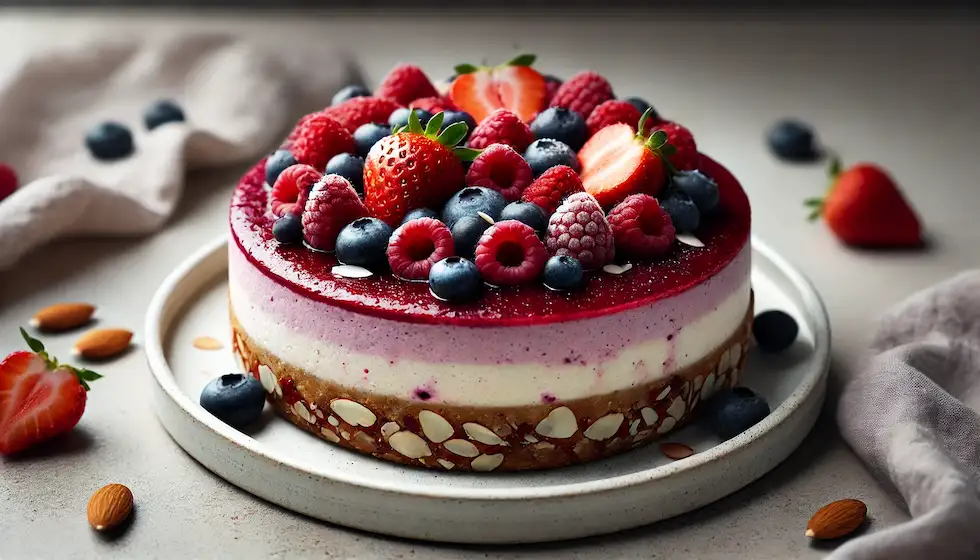 Cheesecake Vegano De Frutas Vermelhas, Com Base De Amêndoas E Recheio Cremoso De Castanhas. Uma Sobremesa Leve, Saudável E Deliciosa.