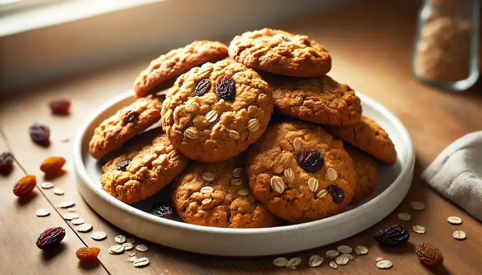 Cookies veganos de aveia e passas, crocantes e saudáveis, perfeitos para um lanche sem glúten e sem lactose. Receita fácil e deliciosa.