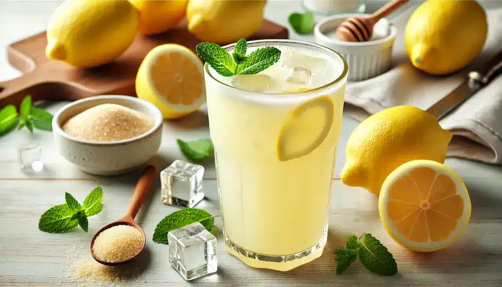 Uma versão vegana e deliciosa da clássica limonada suíça, usando leite de coco