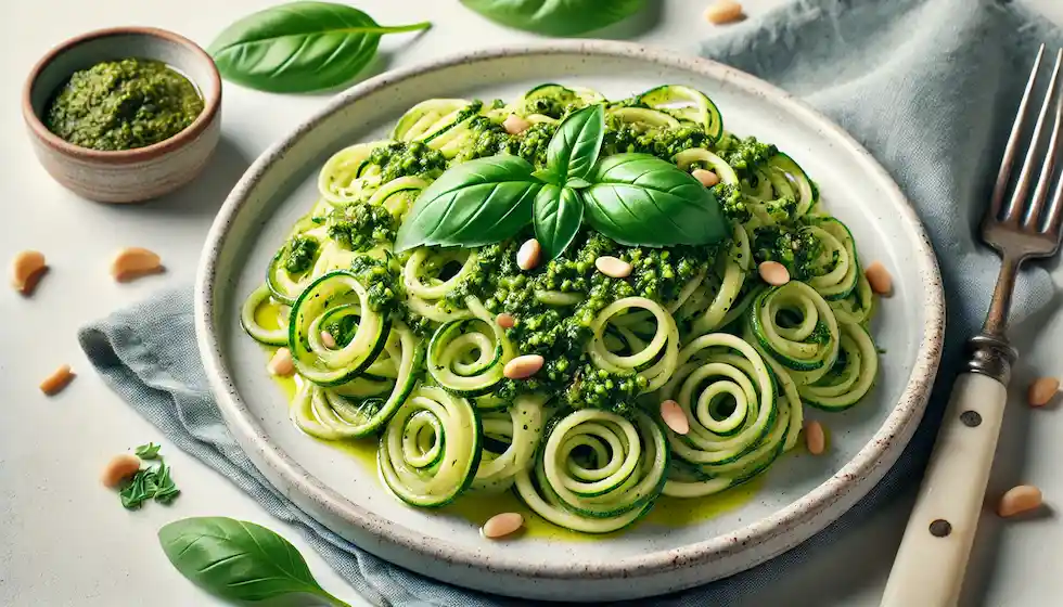 Macarrão De Abobrinha Com Pesto Vegano De Manjericão. Uma Receita Rápida, Saudável E Cheia De Sabor, Pronta Em 15 Minutos.