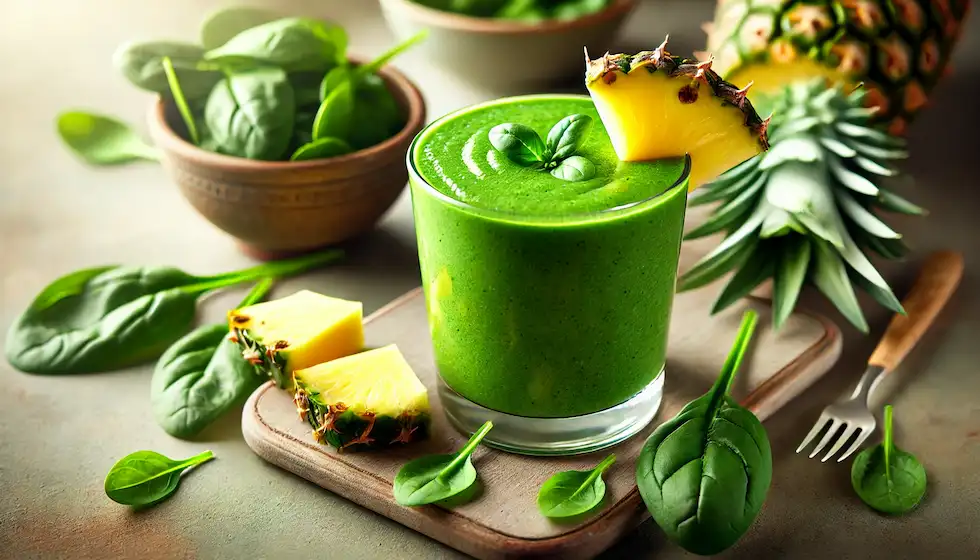 Prepare Um Delicioso Smoothie Verde Vegano Com Espinafre, Abacaxi E Leite De Coco. Saudável, Refrescante E Perfeito Para Qualquer Hora.