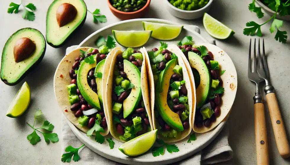 Tacos veganos de feijão preto e abacate com molho picante. Rápidos, fáceis e perfeitos para um lanche saudável e saboroso.