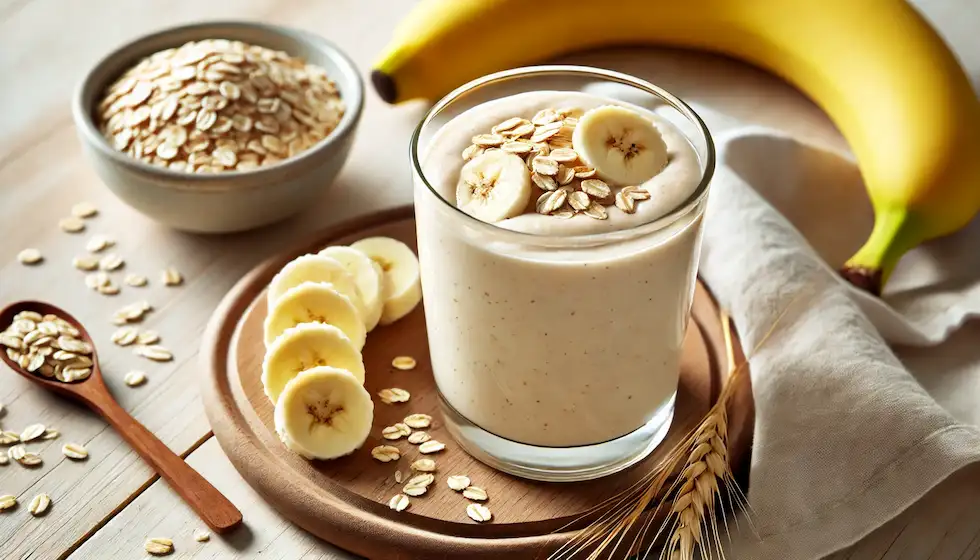 Uma Vitamina Vegana De Banana Com Aveia E Leite De Amêndoas: Cremosa, Saudável E Sem Lactose. Perfeita Para O Café Da Manhã Ou Lanche.