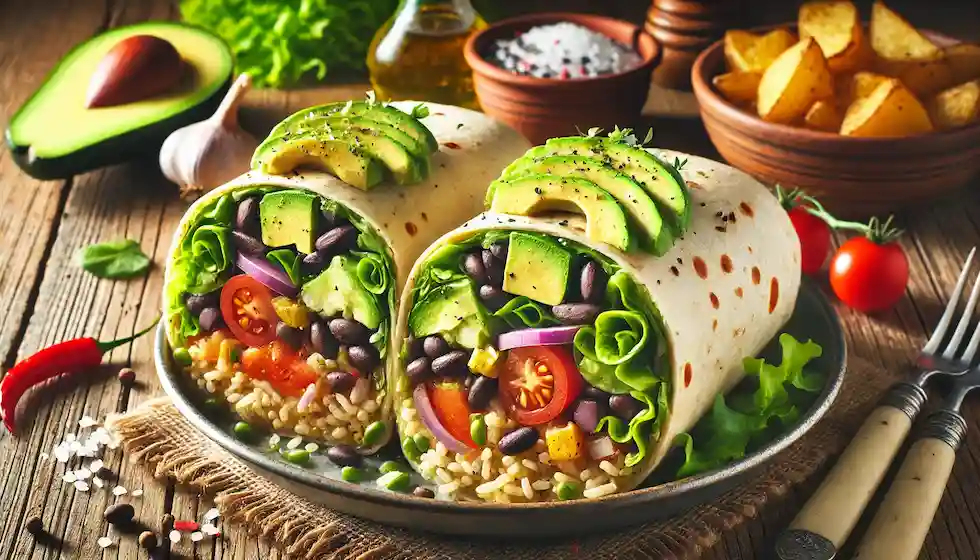 Burrito vegano de arroz integral e feijão preto. Rico em proteínas, fácil de fazer e delicioso para qualquer refeição.