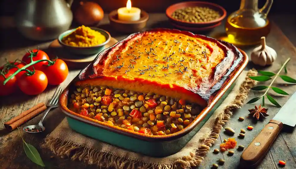 Delicioso escondidinho vegano de lentilha, coberto com purê de batata-doce, ideal para uma refeição nutritiva e saborosa.