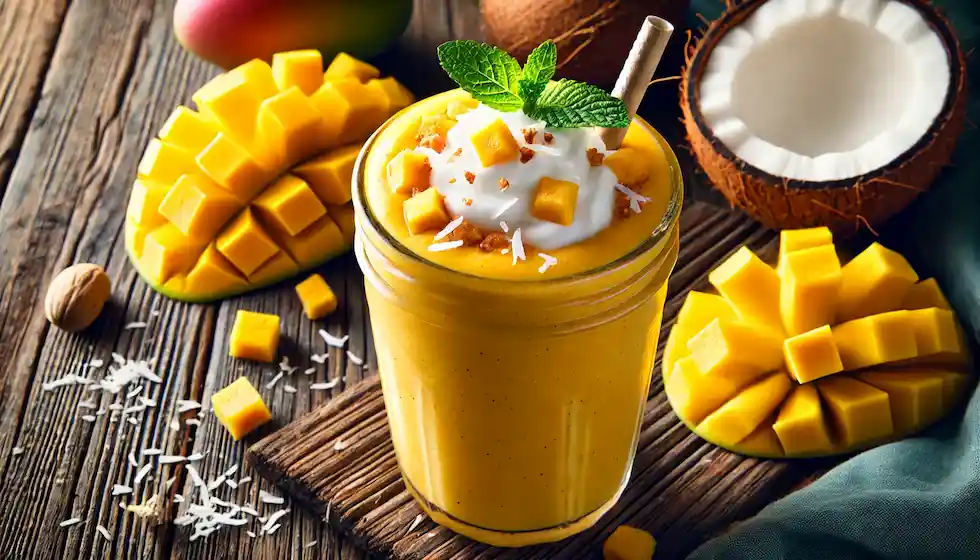 Smoothie Vegano de Manga com Leite de Coco: Um smoothie tropical que combina o doce da manga com a suavidade do leite de coco. Cremoso e Refrescante