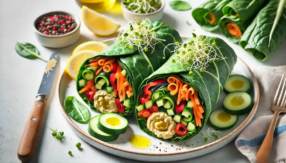 Wrap Vegano: Uma opção leve e nutritiva que combina couve crocante, hummus cremoso e vegetais frescos para um lanche rápido e saudável.