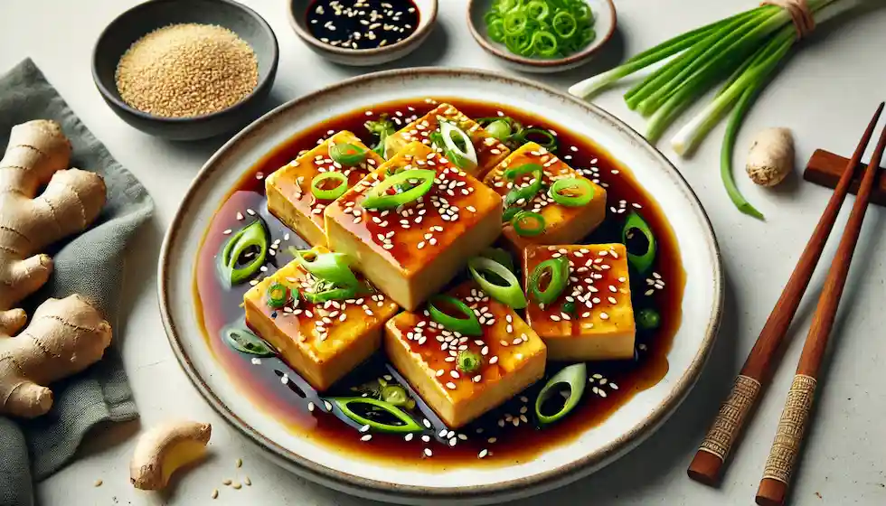 Tofu ao Molho Shoyu com Gengibre e Cebolinha: Cubos de tofu crocantes em um molho de shoyu e gengibre, perfeitos para uma refeição leve e cheia de sabor.