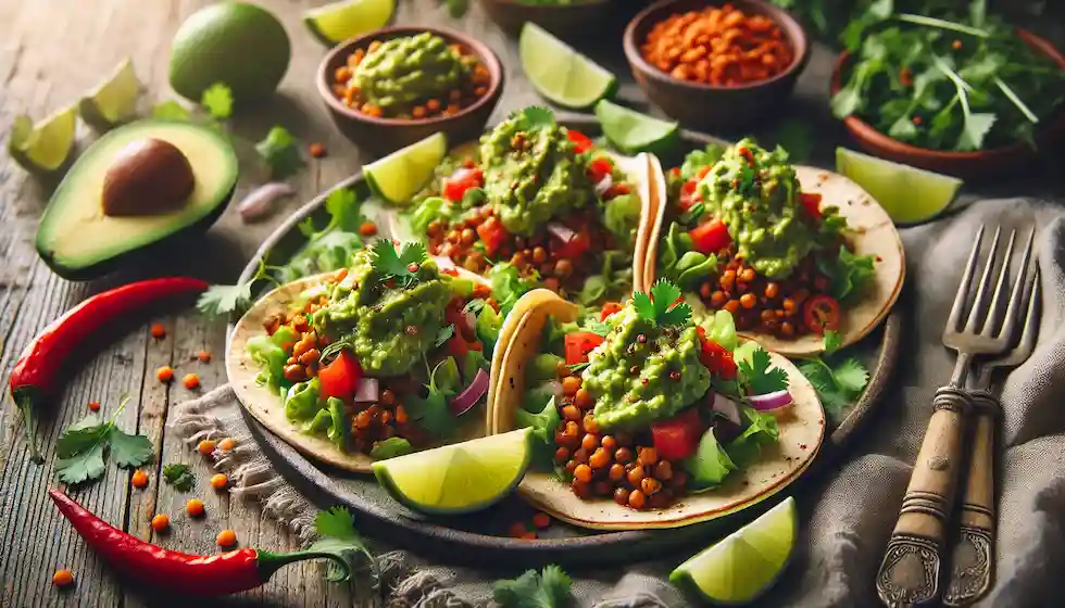 Tacos de Lentilha com Guacamole e Pimenta Dedo-de-Moça: Um taco vegano, cheio de sabor, proteínas e textura incrível, perfeito para surpreender.