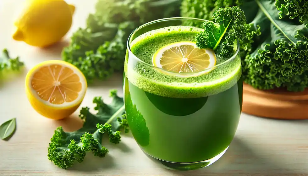 Suco Detox de Couve com Limão e Gengibre: Refrescante e nutritivo, esse suco detox combina o frescor do limão e os benefícios da couve. Um suco poderoso para desintoxicar o corpo e aumentar a imunidade.