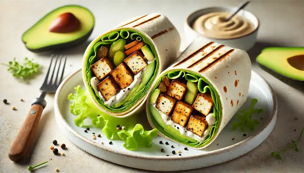 Wrap Vegano de Tofu Grelhado com Abacate e Molho de Tahine: Um delicioso wrap vegano com tofu grelhado, abacate cremoso e um toque especial de molho de tahine. Uma refeição prática, nutritiva e cheia de sabor, pronta em 20 minutos.