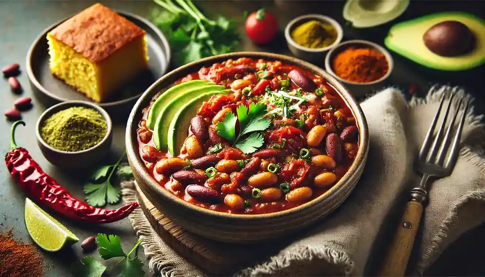 Chili Vegano com Feijão Preto, Milho e Especiarias: Uma explosão de sabores mexicanos em um prato reconfortante, nutritivo e 100% vegano.