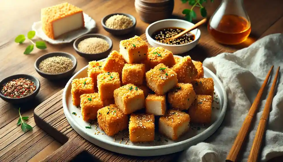 Tofu Empanado Crocante com Gergelim e Especiarias: Um tofu crocante por fora, macio por dentro e repleto de sabores incríveis.