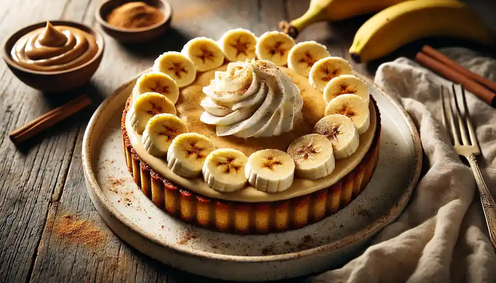 Torta Vegana de Banana com Doce de Leite: Um clássico reinventado - bananas maduras, doce de leite vegano e uma base crocante. Perfeito para impressionar com muito sabor e leveza. Uma sobremesa irresistível.